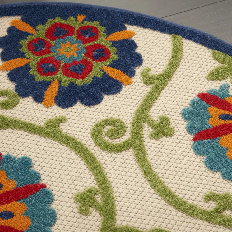 4' Ivory And Blue Round Indoor Outdoor Area Rug