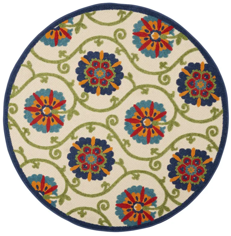 4' Ivory And Blue Round Indoor Outdoor Area Rug