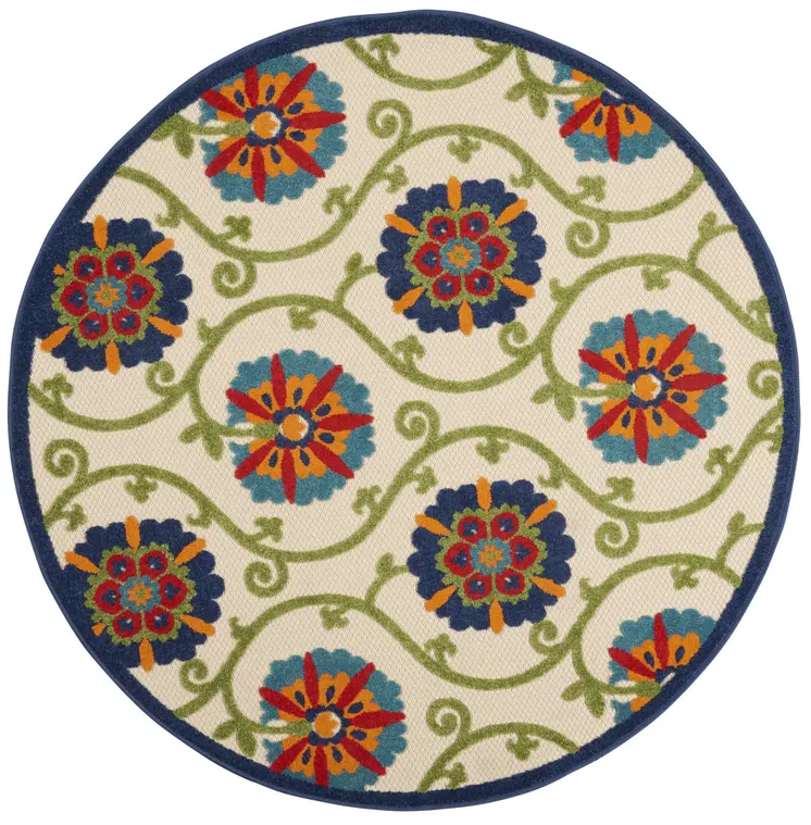 4' Ivory And Blue Round Indoor Outdoor Area Rug