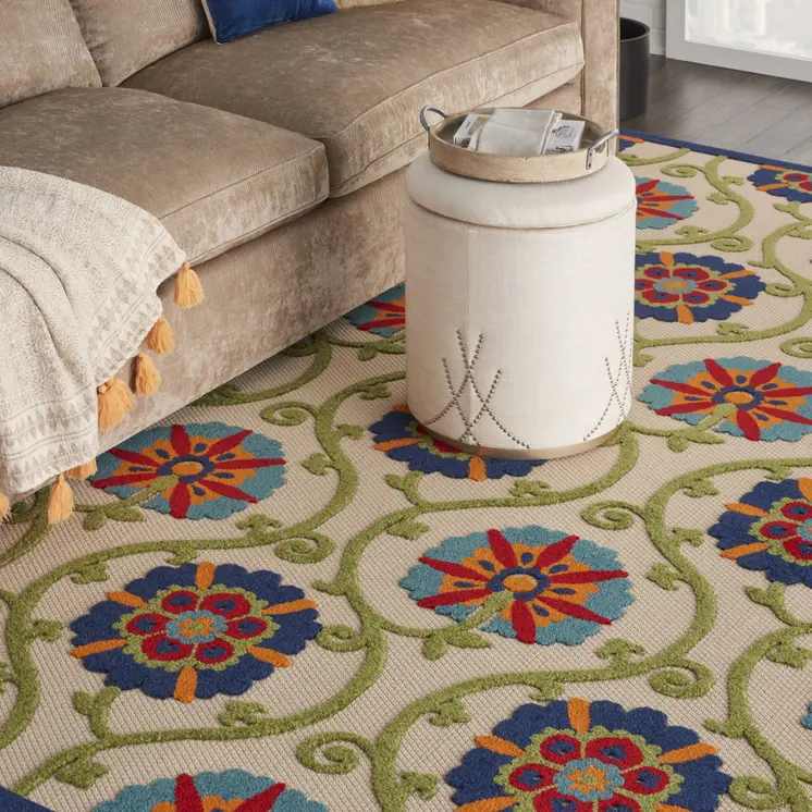 7' X 10' Ivory And Blue Indoor Outdoor Area Rug