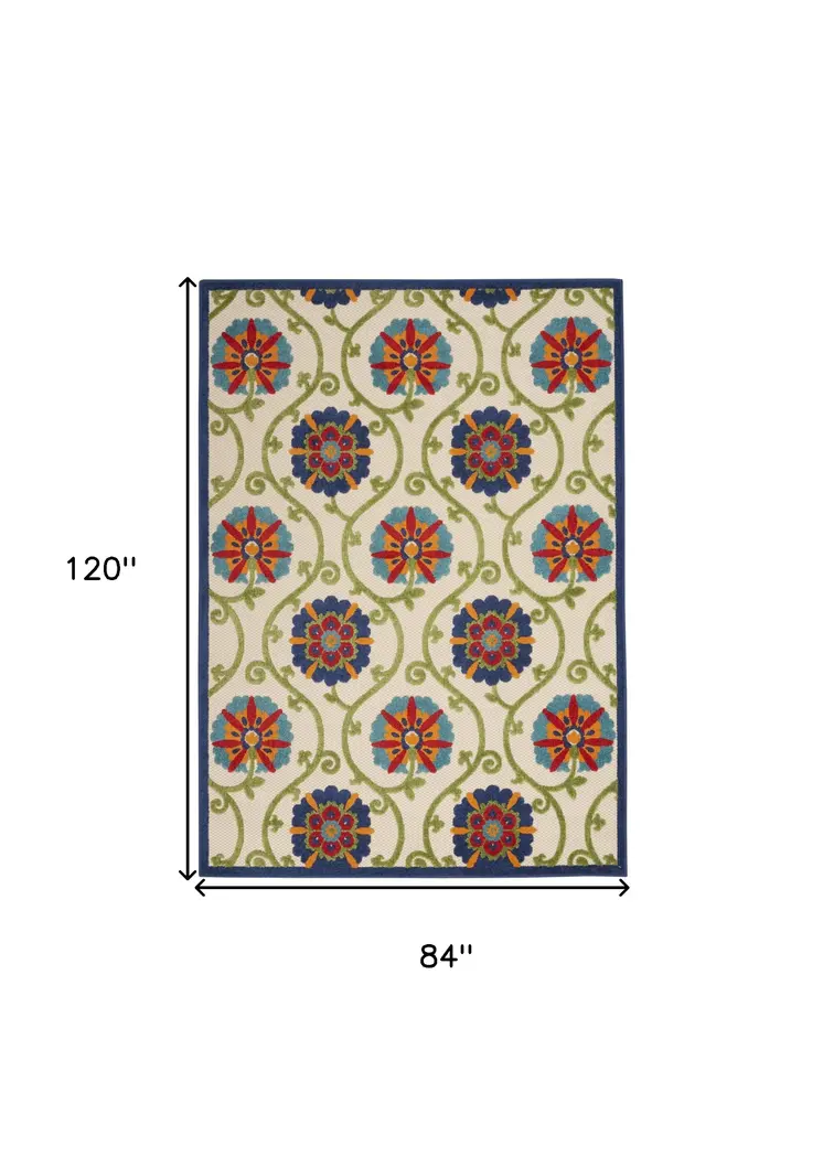 7' X 10' Ivory And Blue Indoor Outdoor Area Rug