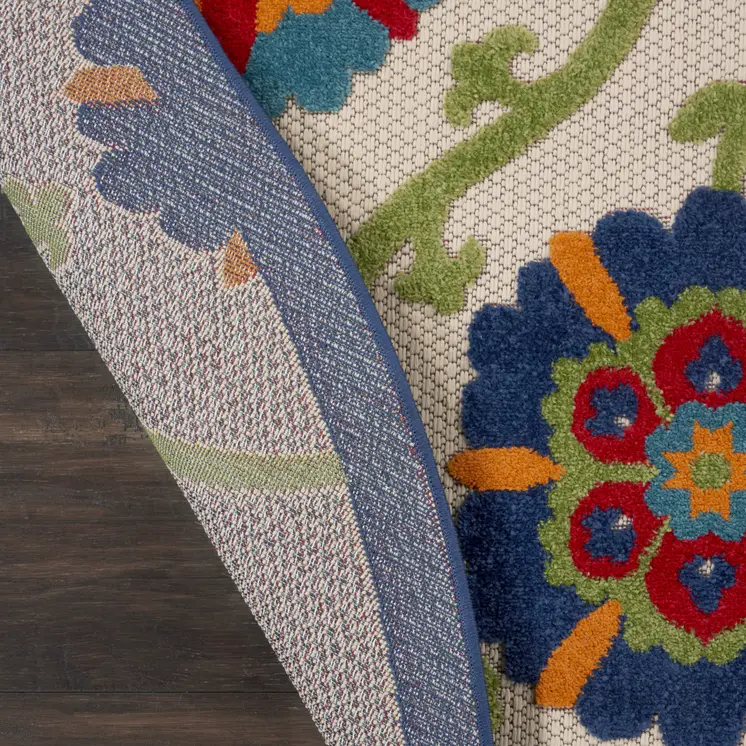 8' Ivory And Blue Round Indoor Outdoor Area Rug