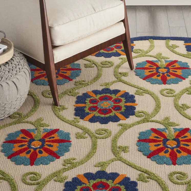 8' Ivory And Blue Round Indoor Outdoor Area Rug