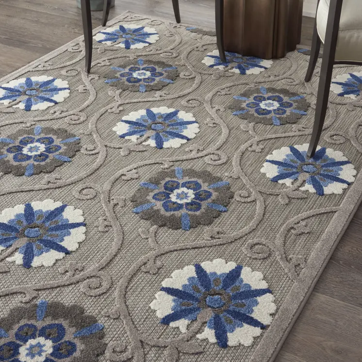 5' X 8' Blue And Gray Floral Indoor Outdoor Area Rug