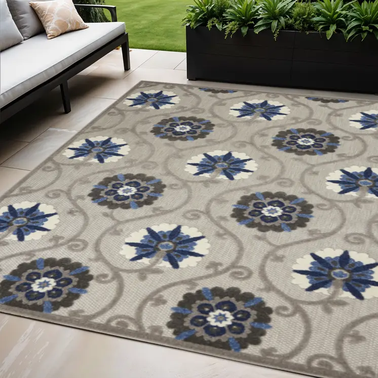5' X 8' Blue And Gray Floral Indoor Outdoor Area Rug