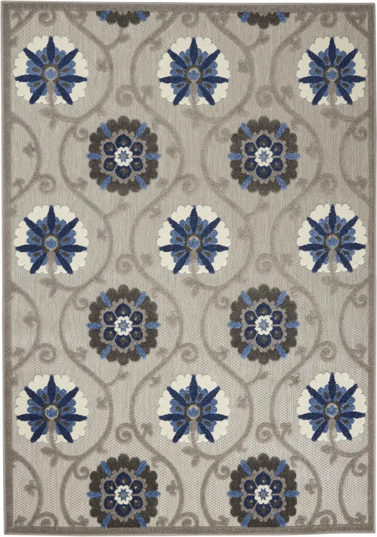 5' X 8' Blue And Gray Floral Indoor Outdoor Area Rug