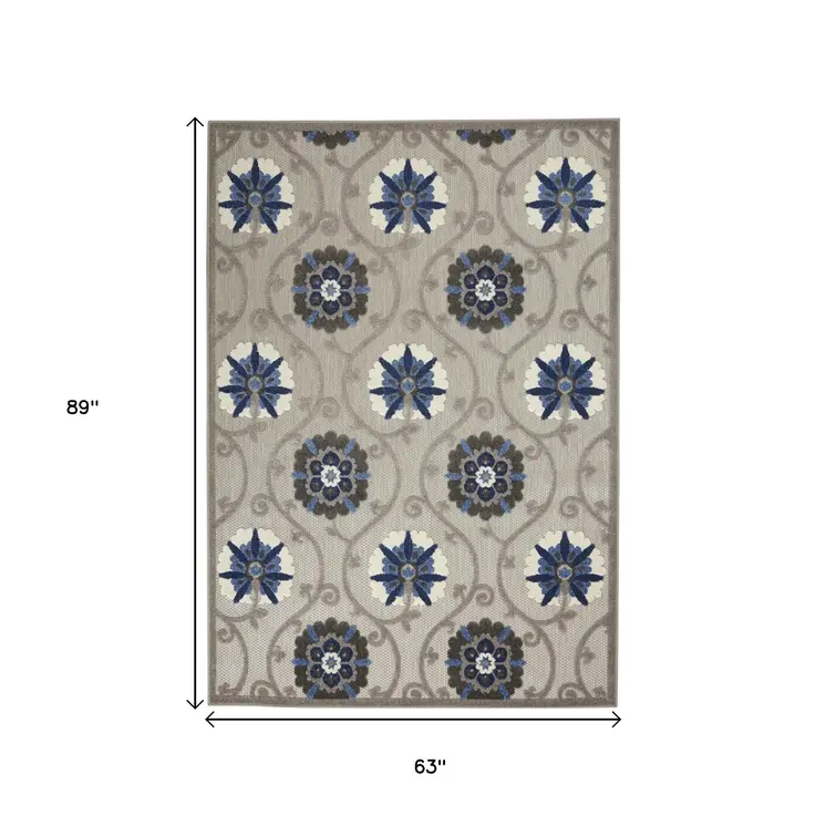 5' X 8' Blue And Gray Floral Indoor Outdoor Area Rug