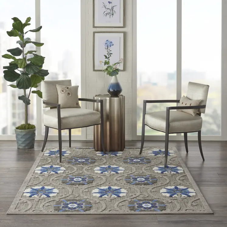 5' X 8' Blue And Gray Floral Indoor Outdoor Area Rug
