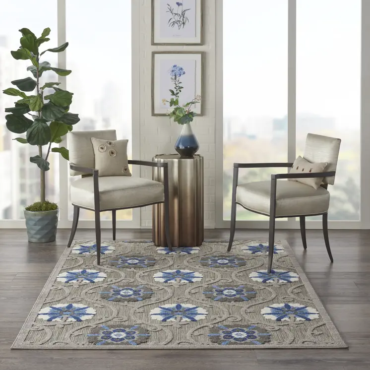 5' X 8' Blue And Gray Floral Indoor Outdoor Area Rug