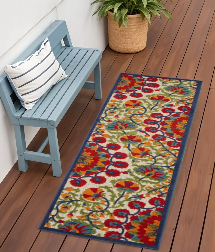 6' Red And Ivory Floral Indoor Outdoor Area Rug