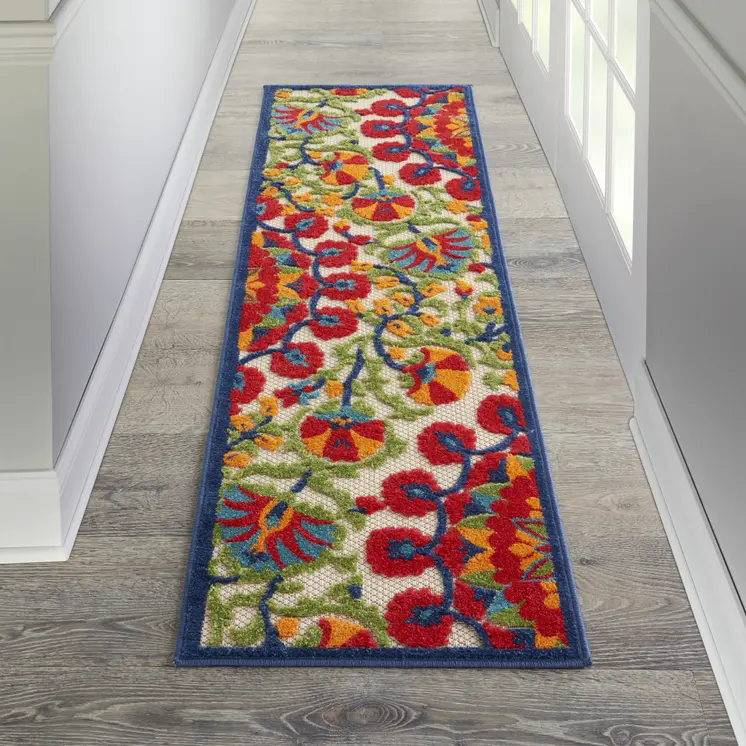 6' Red And Ivory Floral Indoor Outdoor Area Rug