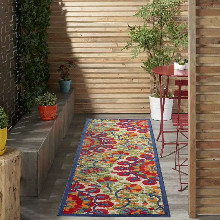 6' Red And Ivory Floral Indoor Outdoor Area Rug