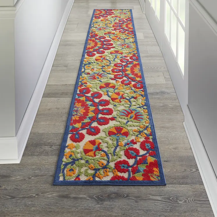 12' Red And Ivory Floral Indoor Outdoor Runner Rug