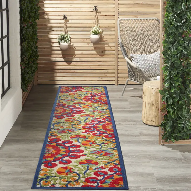 12' Red And Ivory Floral Indoor Outdoor Runner Rug