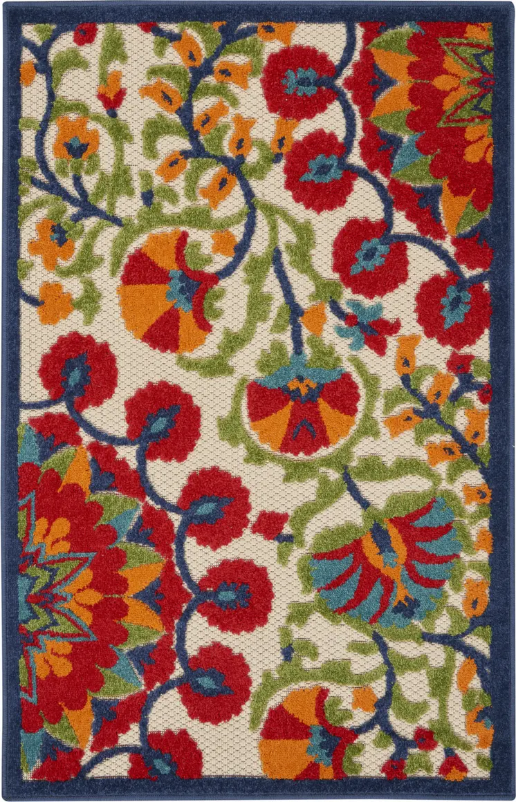 3' X 4' Red And Ivory Floral Indoor Outdoor Area Rug