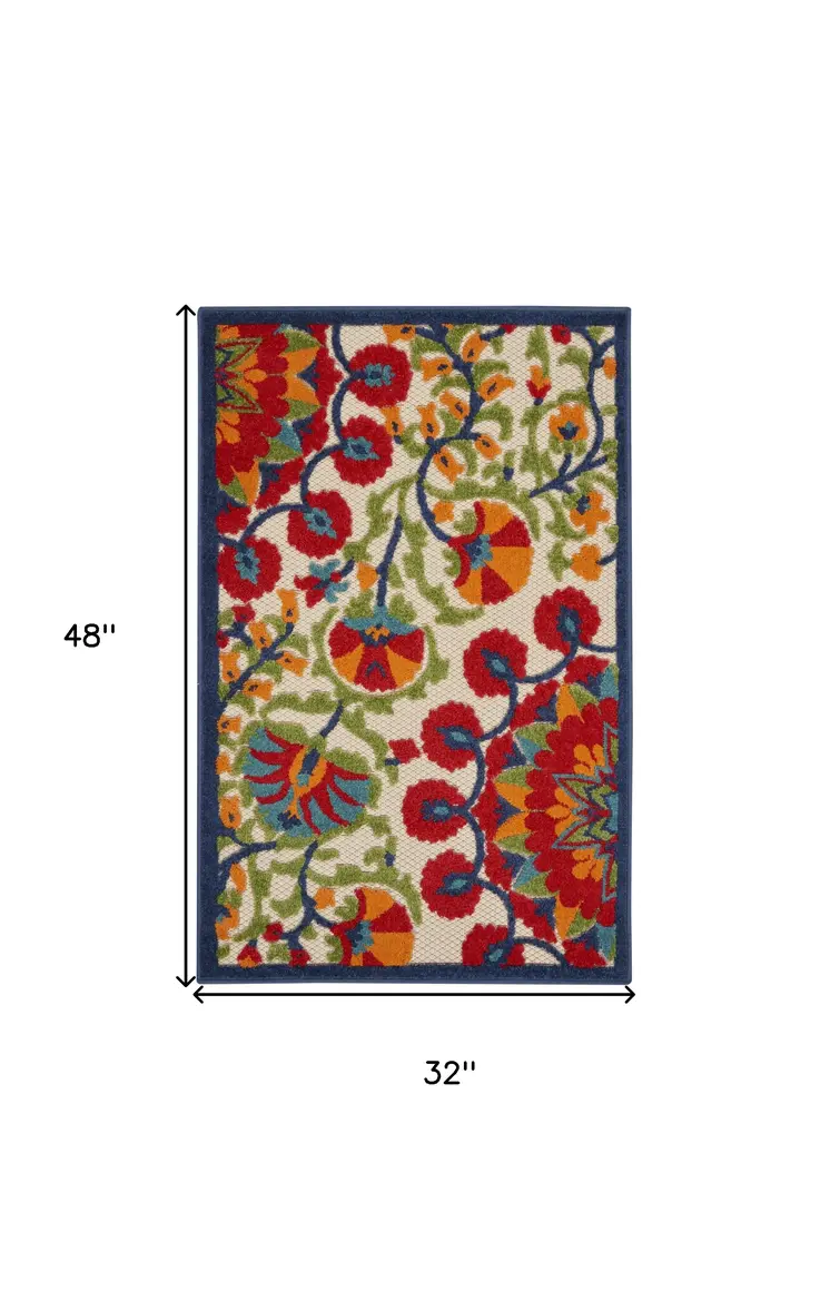 3' X 4' Red And Ivory Floral Indoor Outdoor Area Rug