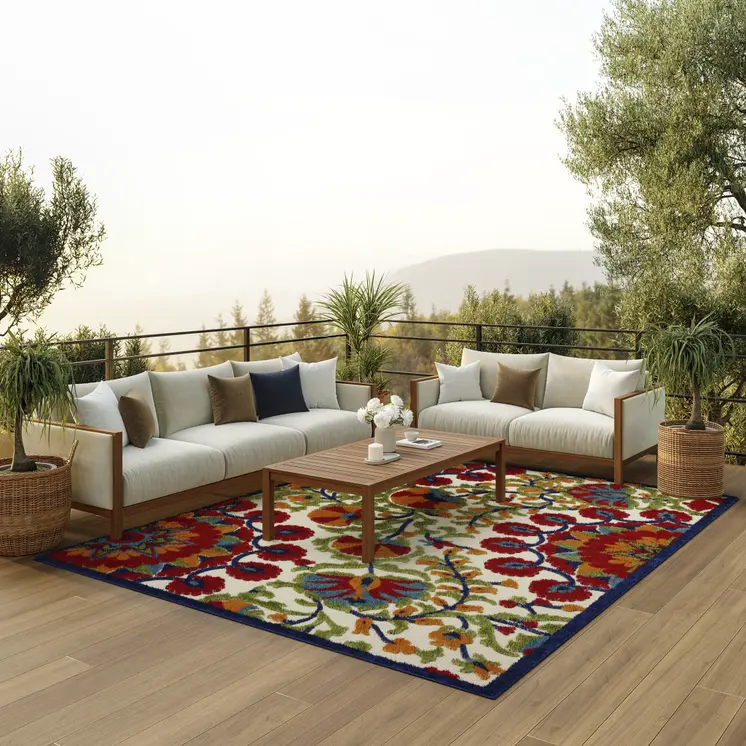 7' X 10' Red And Ivory Floral Indoor Outdoor Area Rug