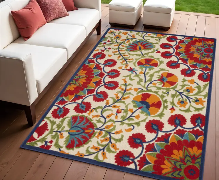 4' X 6' Red And Ivory Floral Indoor Outdoor Area Rug