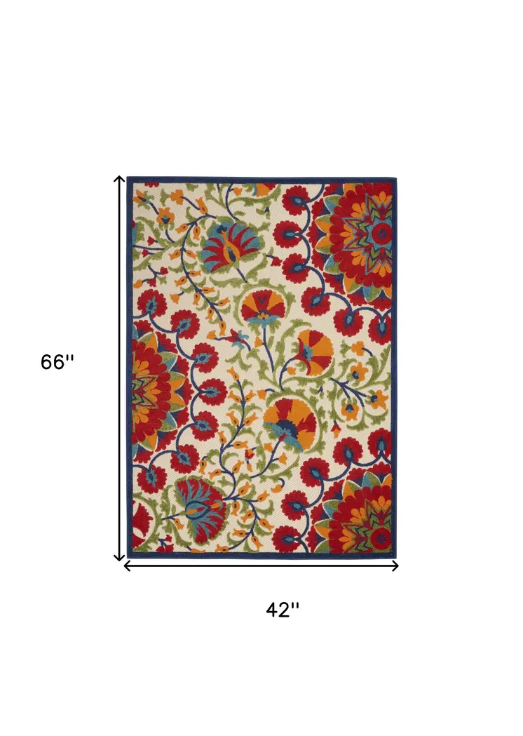 4' X 6' Red And Ivory Floral Indoor Outdoor Area Rug