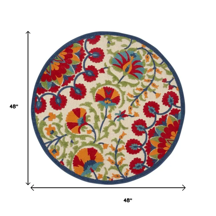 4' Red And Ivory Round Floral Indoor Outdoor Area Rug