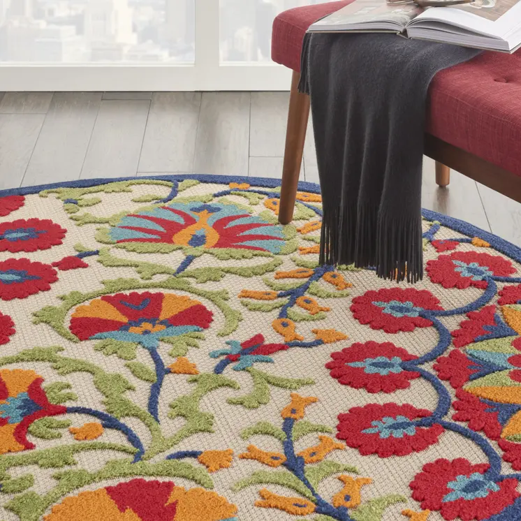 4' Red And Ivory Round Floral Indoor Outdoor Area Rug