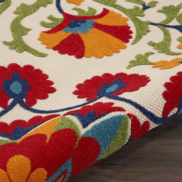 8' Red And Ivory Round Floral Indoor Outdoor Area Rug