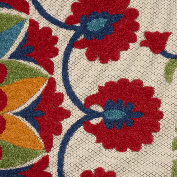 8' Red And Ivory Round Floral Indoor Outdoor Area Rug