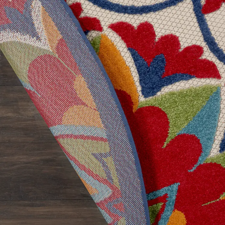 8' Red And Ivory Round Floral Indoor Outdoor Area Rug