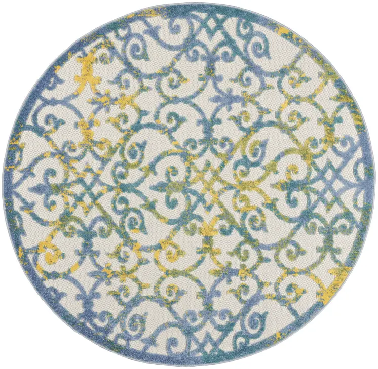 5' Ivory And Blue Round Indoor Outdoor Area Rug
