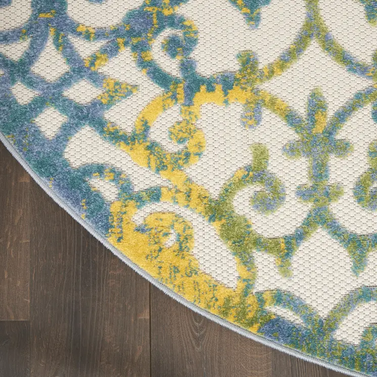 5' Ivory And Blue Round Indoor Outdoor Area Rug