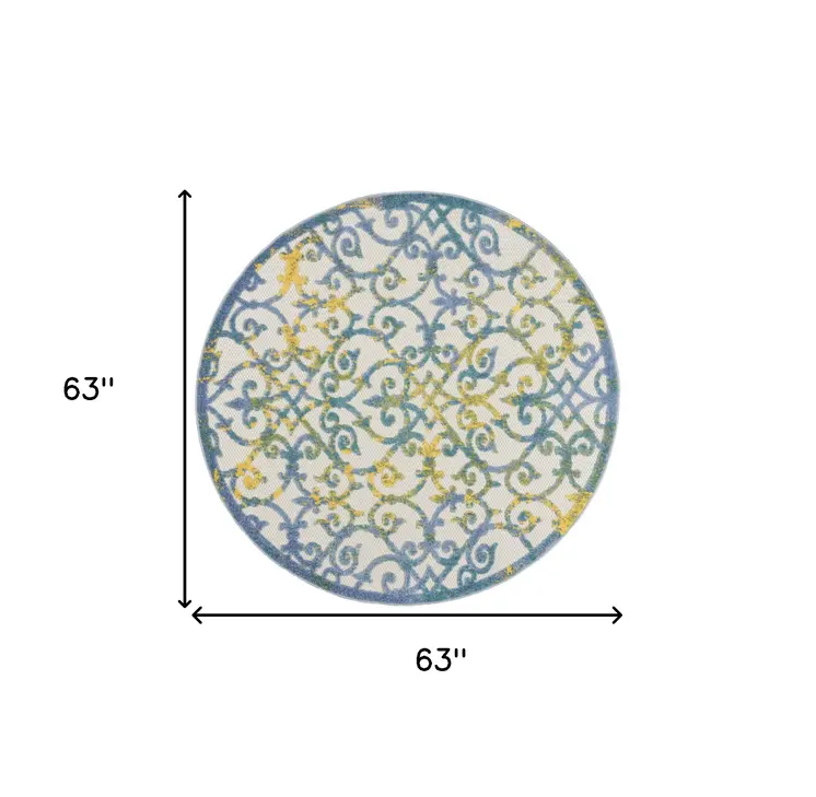 5' Ivory And Blue Round Indoor Outdoor Area Rug