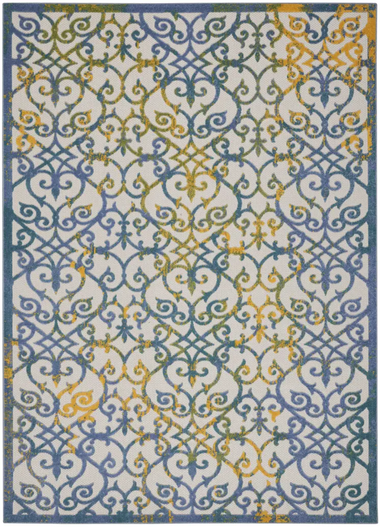 7' X 10' Ivory And Blue Indoor Outdoor Area Rug