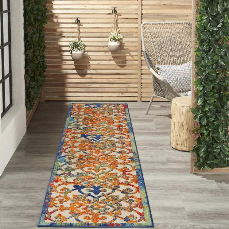 12' Ivory And Blue Indoor Outdoor Runner Rug