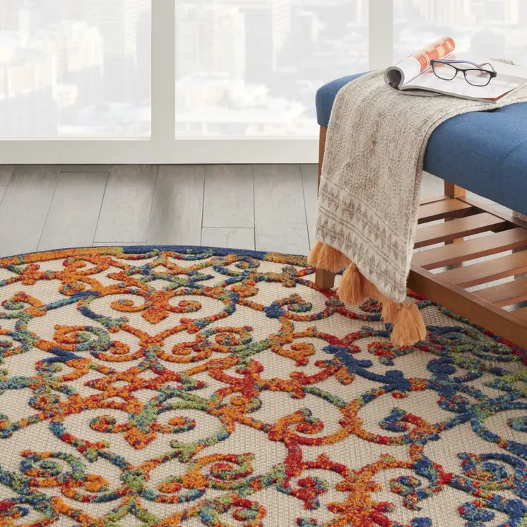 5' Ivory And Blue Round Indoor Outdoor Area Rug