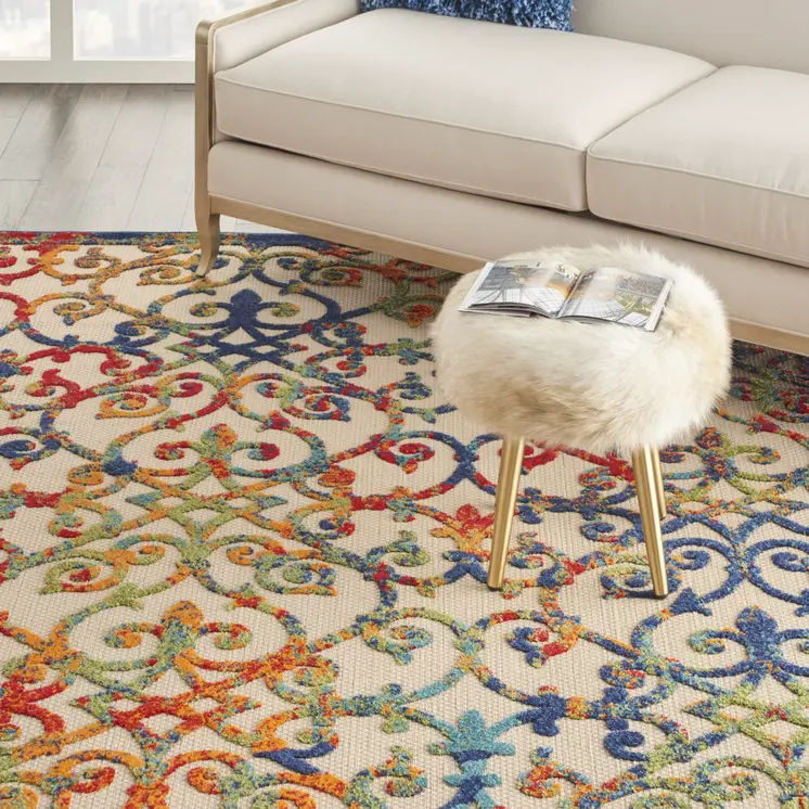 8' X 11' Ivory And Blue Indoor Outdoor Area Rug