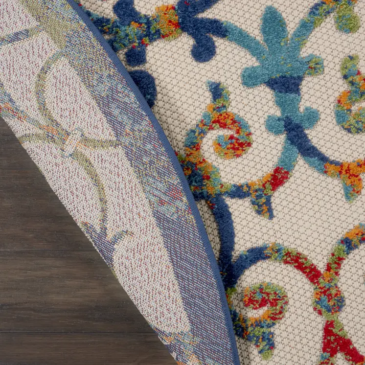 8' Ivory And Blue Round Indoor Outdoor Area Rug