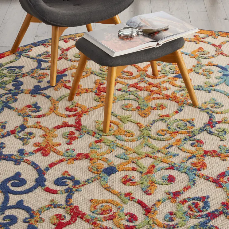 8' Ivory And Blue Round Indoor Outdoor Area Rug