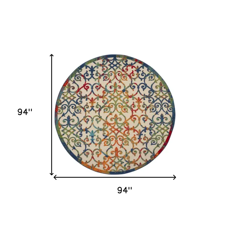 8' Ivory And Blue Round Indoor Outdoor Area Rug