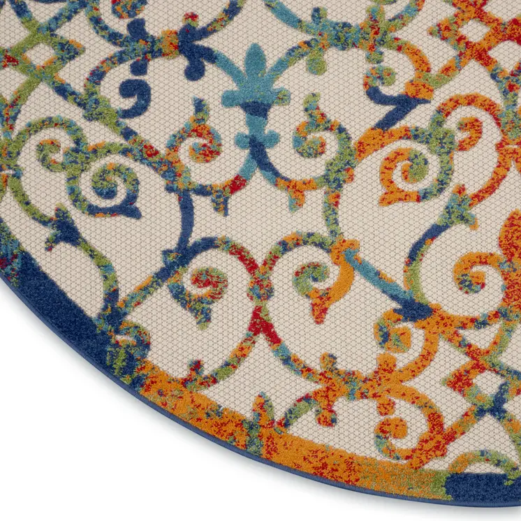 8' Ivory And Blue Round Indoor Outdoor Area Rug