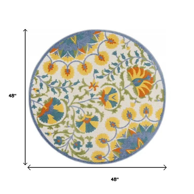 4' Ivory And Blue Round Floral Indoor Outdoor Area Rug