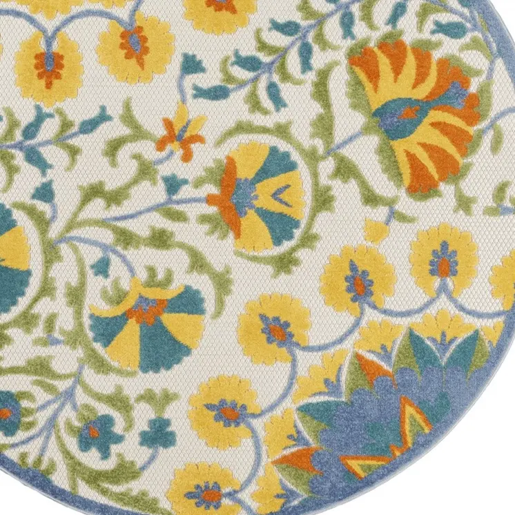 4' Ivory And Blue Round Floral Indoor Outdoor Area Rug
