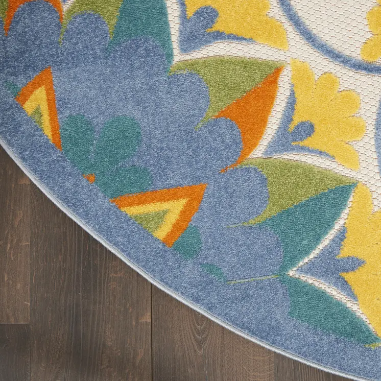 5' X 5' Ivory And Blue Round Floral Indoor Outdoor Area Rug