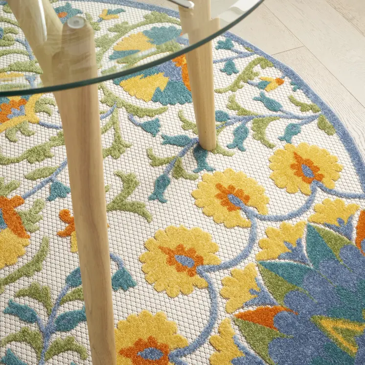 5' X 5' Ivory And Blue Round Floral Indoor Outdoor Area Rug