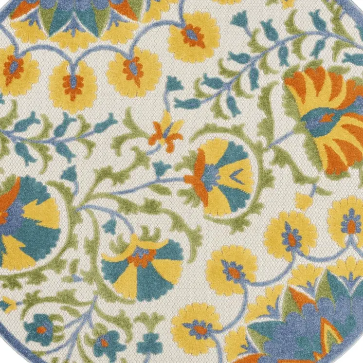5' X 5' Ivory And Blue Round Floral Indoor Outdoor Area Rug