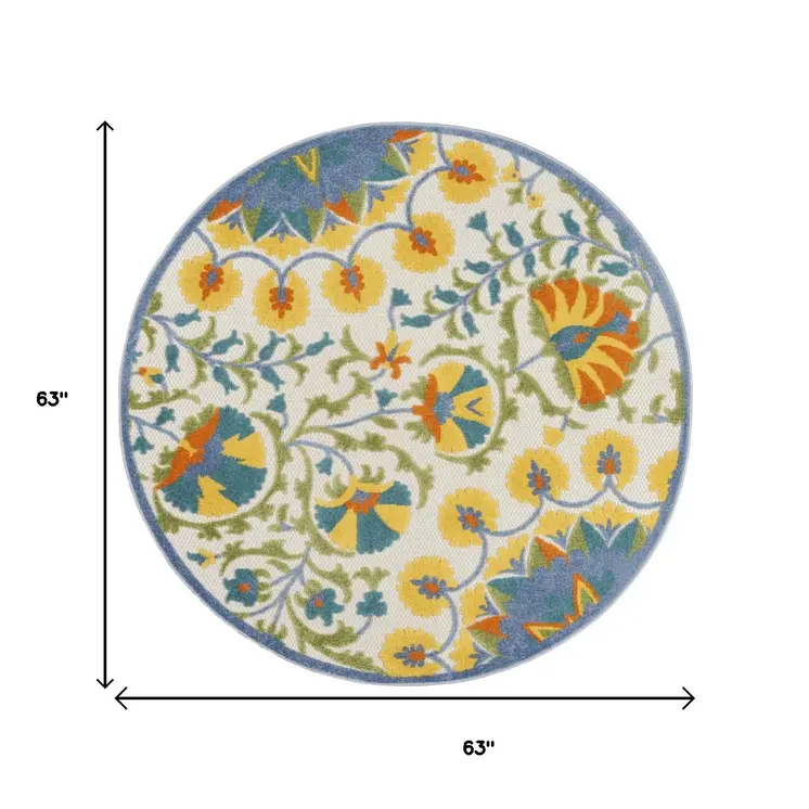 5' X 5' Ivory And Blue Round Floral Indoor Outdoor Area Rug