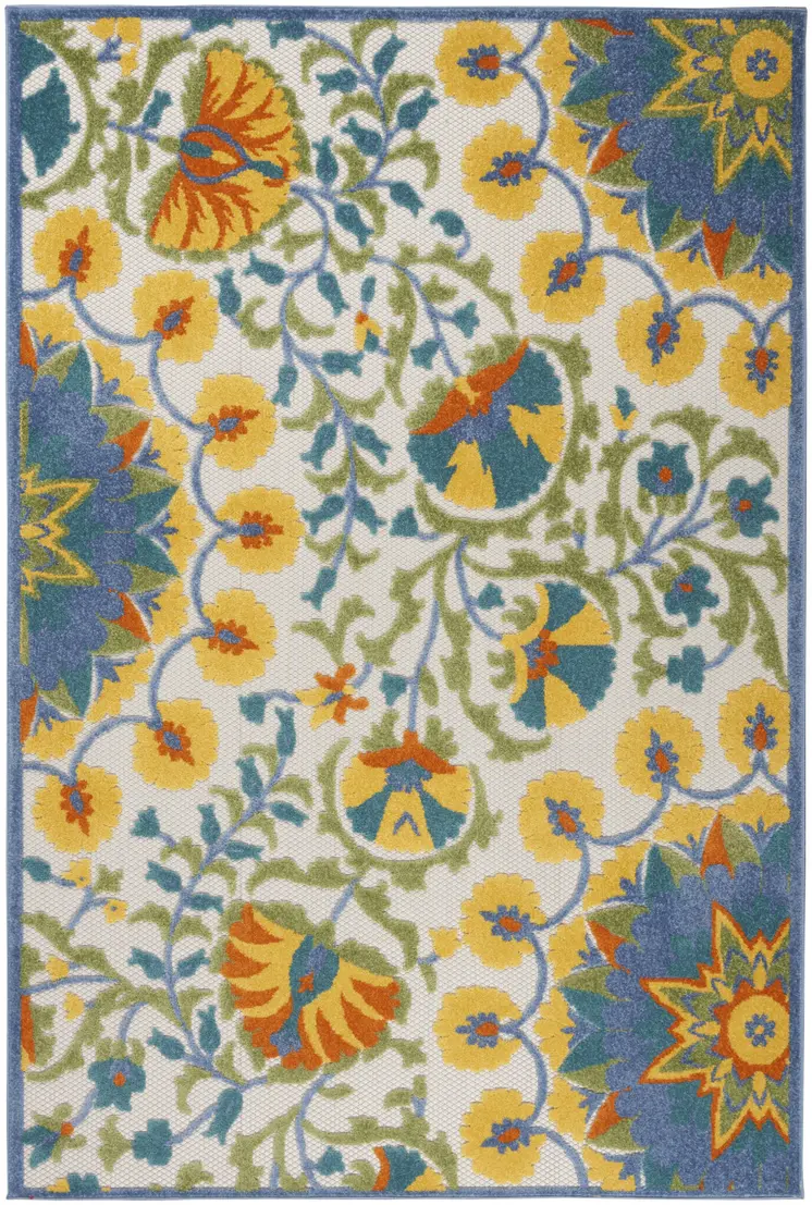 6' X 9' Ivory And Blue Floral Indoor Outdoor Area Rug