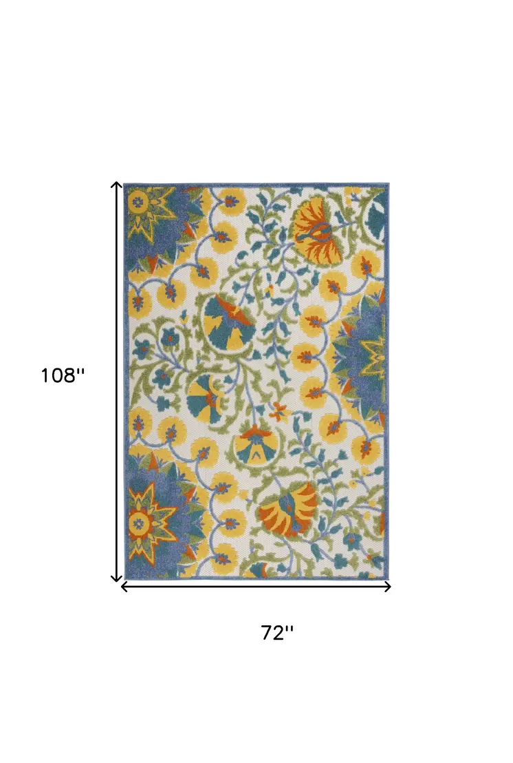 6' X 9' Ivory And Blue Floral Indoor Outdoor Area Rug