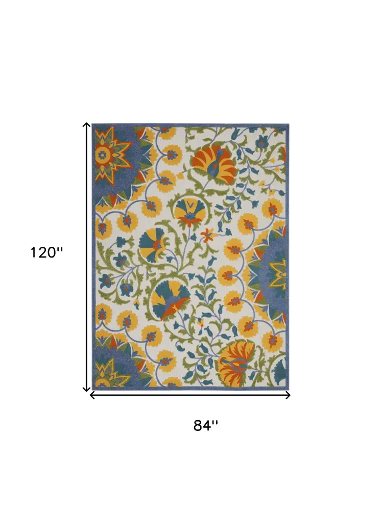 7' X 10' Ivory And Blue Floral Indoor Outdoor Area Rug