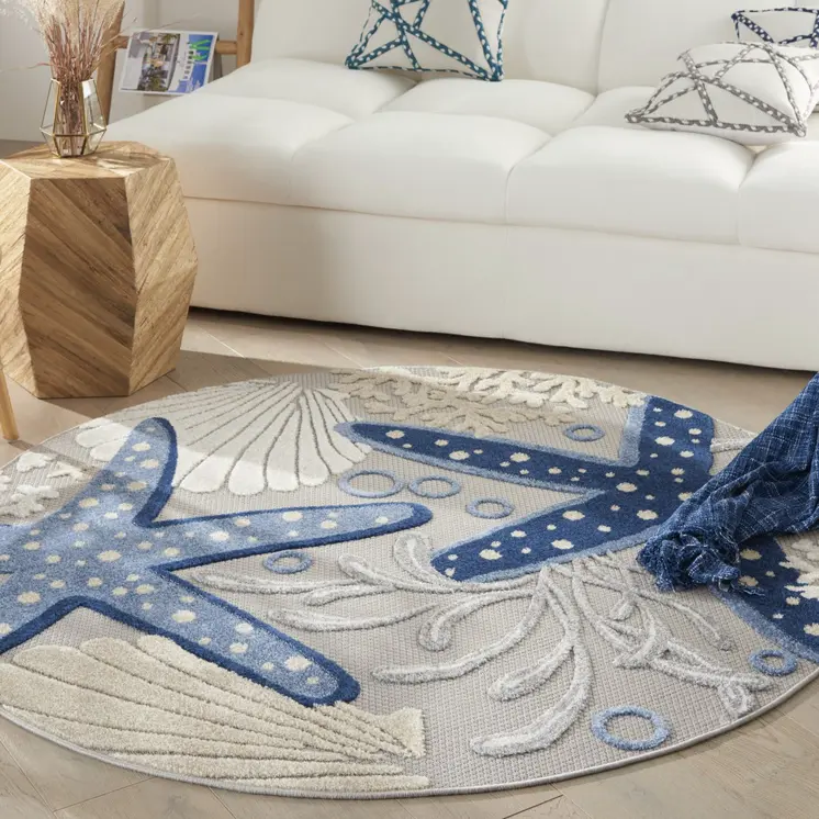 4' Blue And Gray Round Indoor Outdoor Area Rug