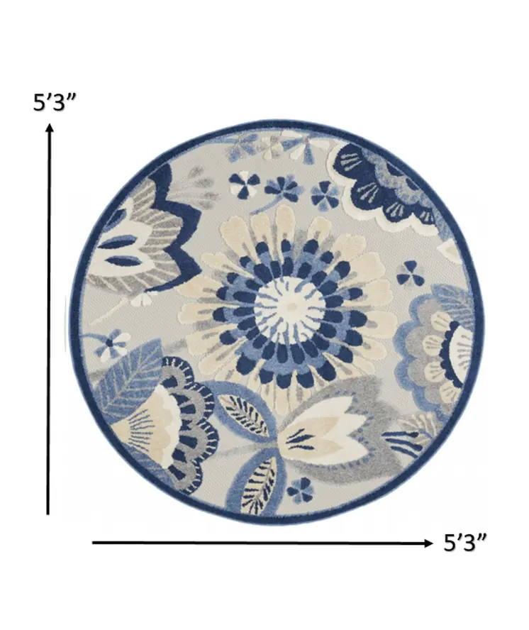5' Blue And Gray Round Indoor Outdoor Area Rug